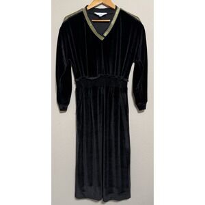 BURU Women's Dress L Black Velvet Midi Drop Elastic Waist Gold Strip Y2K Style